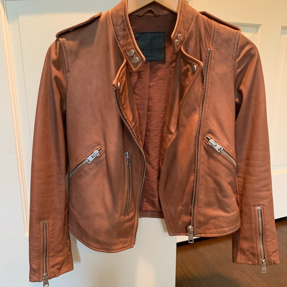 All saints brown moto leather jacket